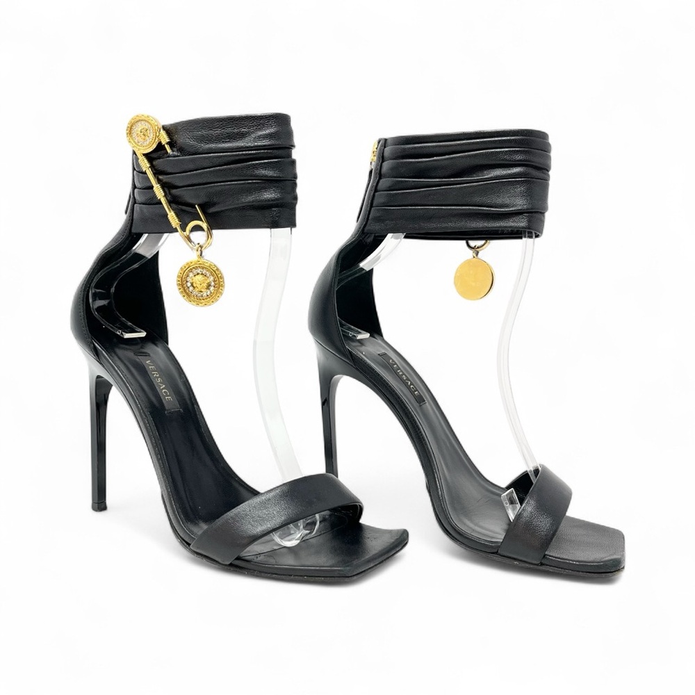 Versace Crystal La Medusa Safety Pin Sandals High Heels Shoes Black Gold 37 7 - Picture 10 of 10